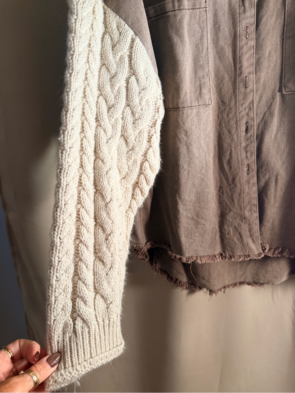 POL Brown Button-Up Shirt with Cream Cable-Knit Sleeves - Picture 4 of 5